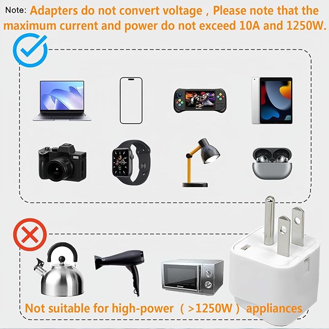 Universal Adapter, Europe to US Plug Travel Adapters, Universal Travel Adapter for USA,Portable and Easy to Use,White,6 Pack