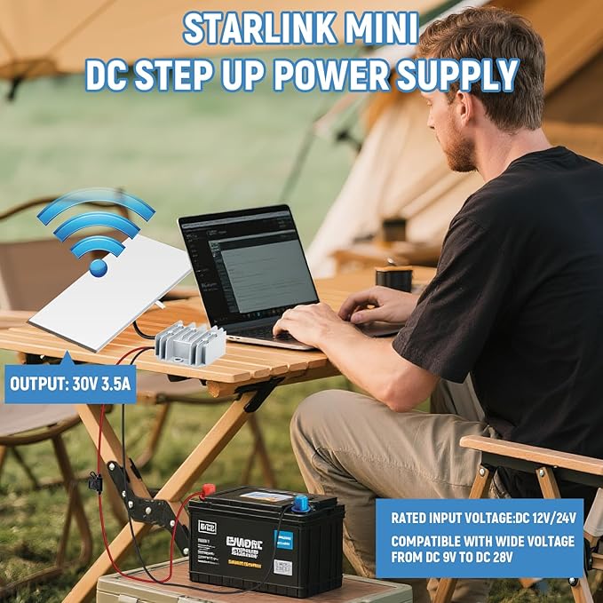 Starlink Mini Power Supply, 12V/24V Starlink Mini 12V Adapter Power Cable DC Step Up Converter to 30V 3.5A, Compatible with Battery/RV/Generator/Yacht/Solar Panels Off-Grid Power Solution with Fuse