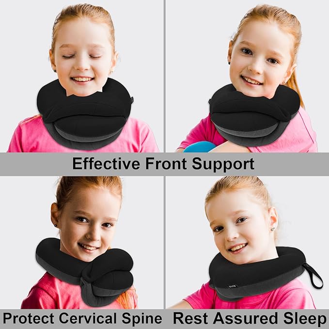 BUYUE Kids Travel Pillows for Airplane, Memory Foam 360° Head Support Sleeping Essentials for Long Flight, Skin-Friendly Soft Neck Pillow for Traveling in Car Seat, (Small, Black Grey, 40-90 lbs)