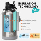 Swigina [2-IN-1 LID] 64 oz Insulated Water Bottle with Silicone Boot (48hrs Cold/24hrs Hot) - DIY Stickers, Leakproof, BPA Free, Half Gallon
