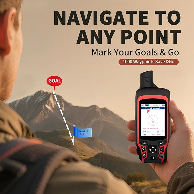 A6 Handheld GPS for Hiking, Rugged Waterproof GPS Navigator with 20 Hrs of Battery Life, 2 Navigation Mode, 2.4" Color Display and GPS Compass, Moon Phase Information