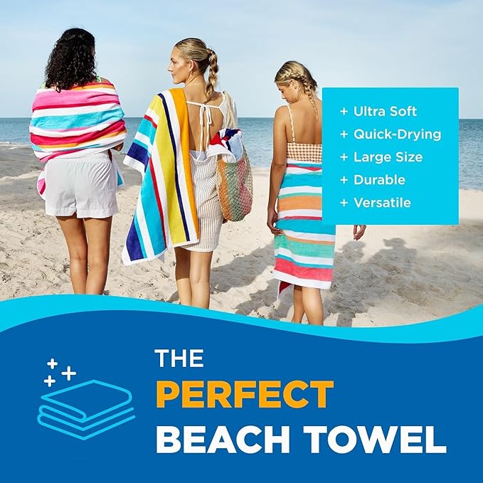 Kaufman - Joey Velour Colored Classic Multi-Color Stripe Beach & Pool Towel - Large 100% Combed Cotton Beach Towel - Soft & Absorbent Colorful Towels - 30" x 60" (2-Pack)