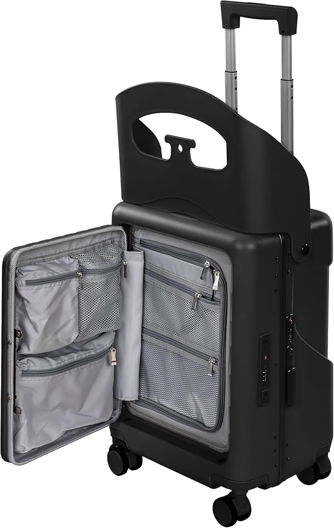 20" Ride-On Luggage with Child Seat, Hardside Carry-On Suitcase with Front Access Shockproof Silent Spinner Wheels, TSA Lock, Charging Port for Kids & Adults & Busy Moms