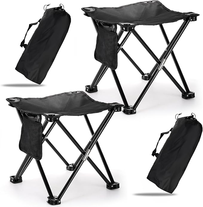 Cididu 2 Pack Camping Stool, 13 Inch Compact Camping Chair Portable, Lightweight Folding Stool Seat with Side Pocket and Carry Bag for Outdoor Hiking, Fishing, Picnic, Beach and Lawn Party, Black