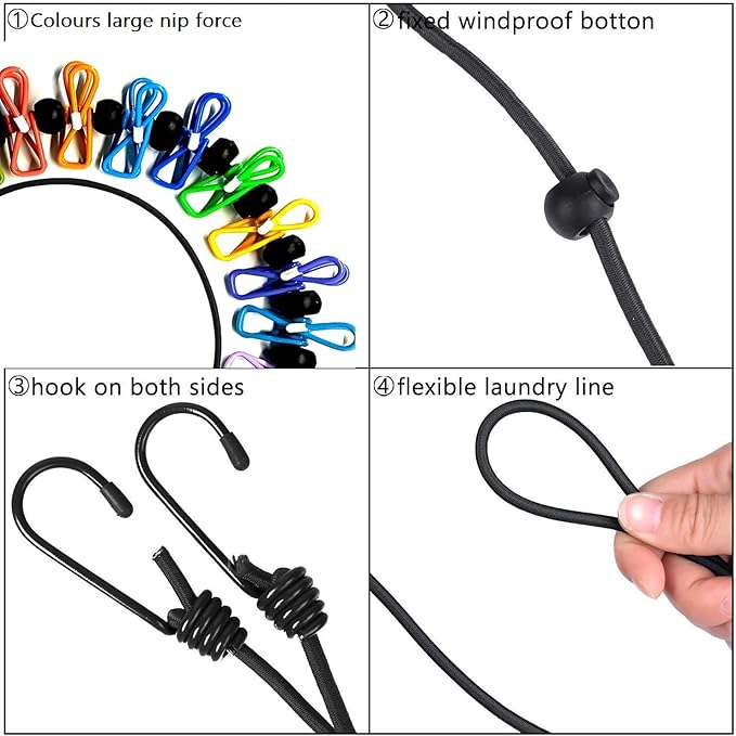1 Pack Portable Clothesline with 12 Clothespins, Windproof Travel Clothesline Stretchy Retractable Elastic Laundry Clothes Line for Backyard, Vacation Hotel, Balcony Clothes Drying Line (Color)