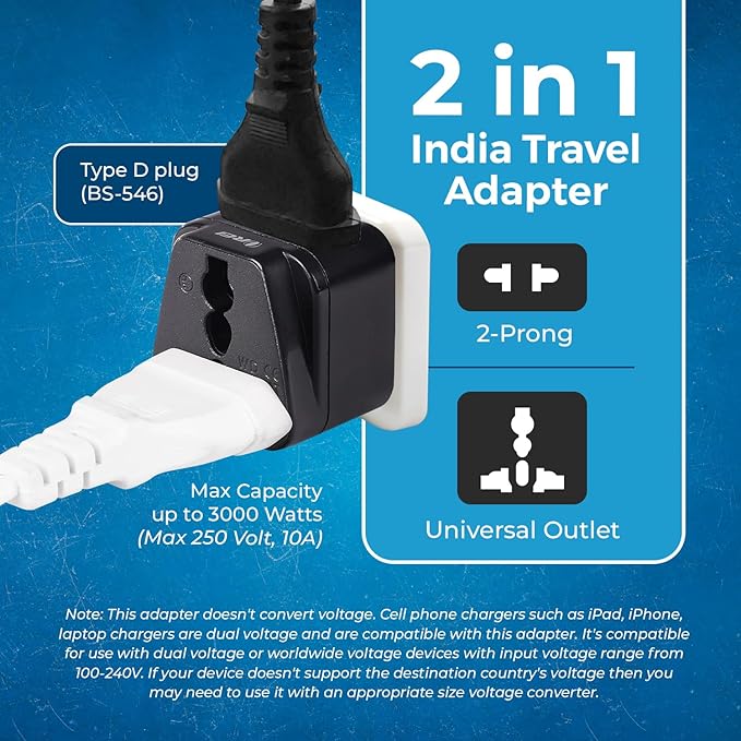 OREI US to India Plug Adapter- Type D Travel Adapter - 2 in 1 Travel Adapter for India, Nepal, Pakistan - CE Certified - RoHS Compliant - 300 Pack, Black