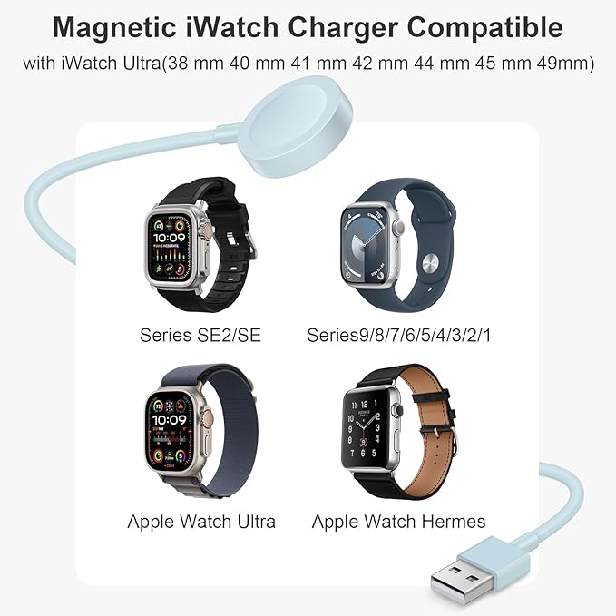 Fast Charger for Apple Watch Charger, Magnetic iWatch Charger to USB A Cable 3.3FT with USB A Wall Plug Adapter for Apple iWatch Series Ultra/10/9/8/7/6/SE/5/4/3/2 (Blue)