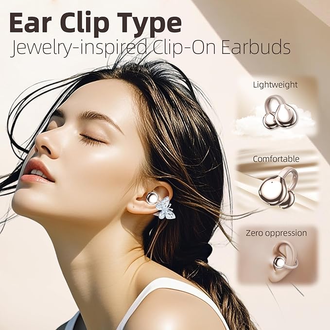 Jewelry-Inspired Clip On Earbuds,Comfortable Fit Open Ear Clip-On Headphones,Wireless Bluetooth Ear Cuff Headphones for Women,Earrings Earbuds for Running,Office,Sport&Gift (Butterfly - Rose Gold)