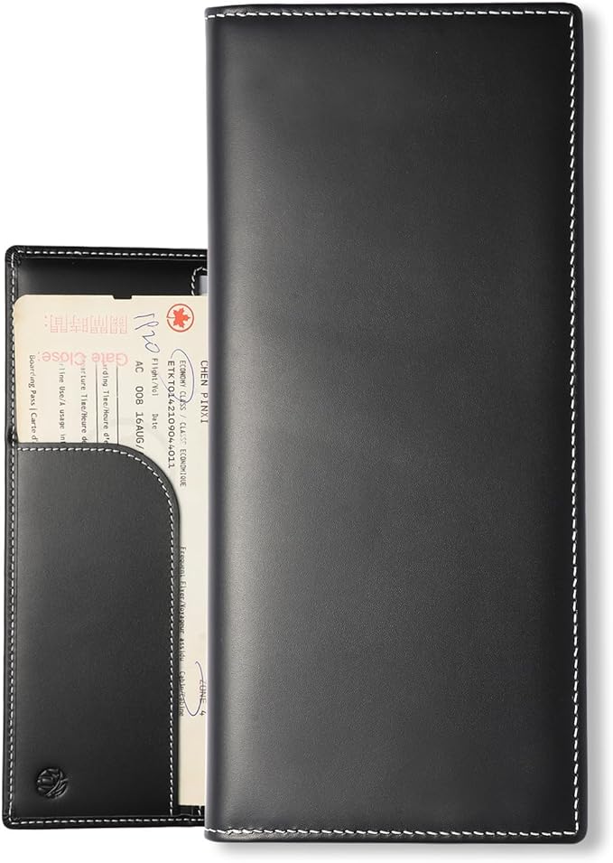 Leather Passport Holder for Travel with AirTag Holder, RFID Blocking Passport Wallet with Card Slots for Men & Women (Black)