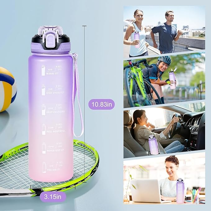 Water Bottle with Straw 1L,Boys Water Bottles with Straw 1 Litre,Waterbottle Leak-Proof Sports Water Bottle,Plastic Drinks Bottles Toxin Free，Bpa-Free (Purple)