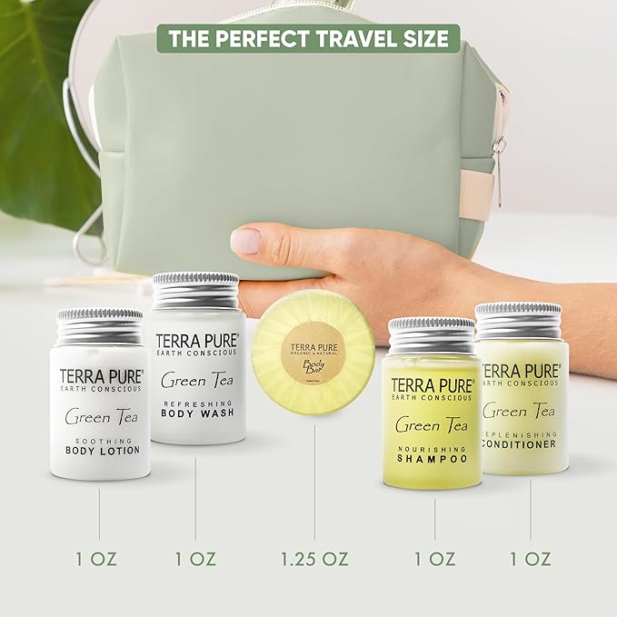 Terra Pure Hotel Soaps & Toiletries Bulk Set | 1-Shoppe Amenities Kit | 1oz Shampoo & Conditioner, Body Wash, Lotion, 1.25oz Bar Soap | Travel Size | 150 Pieces