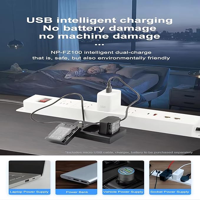 Dual Slot Fast Charger for NP-FZ100 Battery, Compatible with ZV-E1/A7M4/A7M3/A7C/A7R3/A7R4/A6600/A6700, Micro USB and Type-C Dual Charging, Portable Outdoor Design, Efficient Safety Protection