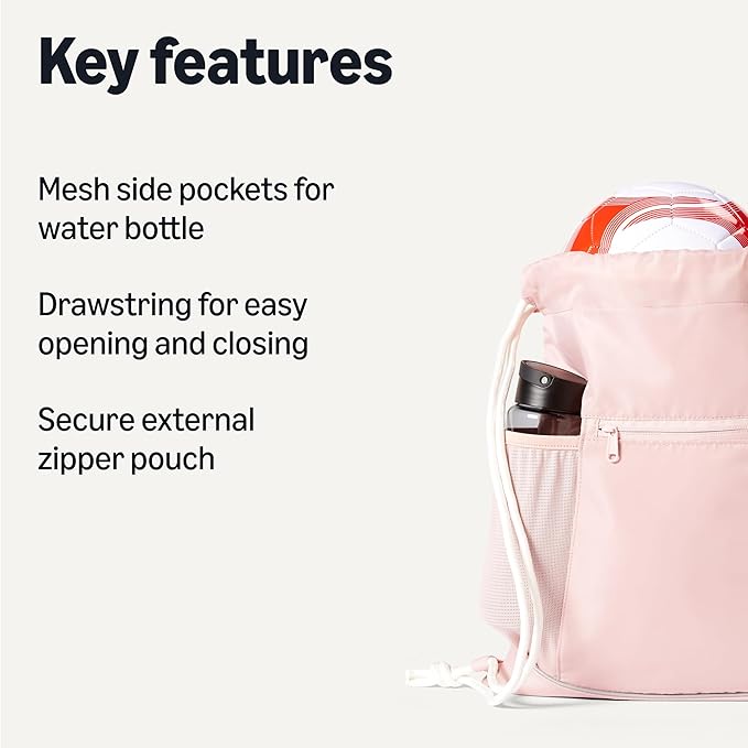Amazon Basics Drawstring Lightweight Gym Bag Soccer Backpack with Zipper Pouch, Mesh Side Pockets for Water Bottle, Large, Pink