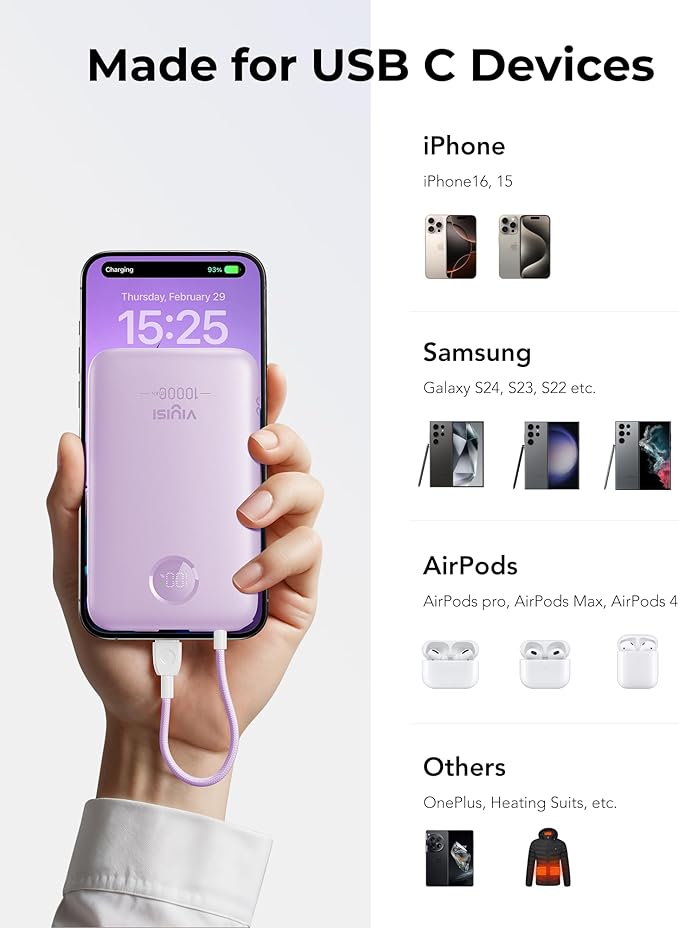 VIYISI Slim Portable Charger Power Bank 10000mAh, PD 20W Fast Charging Compact Battery Pack with Built-in USB C Cable, Travel Essential Compatible with iPhone 17 16 15, Samsung, Android - Purple