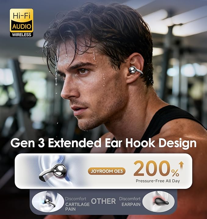 King Lucky Clip-On Earbuds Gen 3, Open-Ear Wireless Bluetooth 6.0 Headphones with Mic, Secure Fit for Small Ears & Glasses Wearers, 50H Playtime, ENC, IPX5 Waterproof Sport Ear Buds (Black)