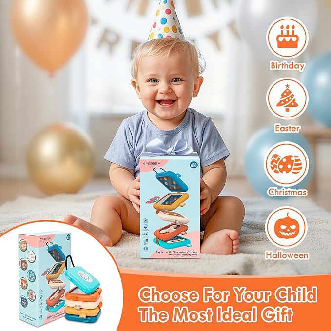 GRESEESM Montessori Busy Board for 1 Year Old, Toddlers Travel Toys for Ages 1–3, Sensory Activity Board for Airplane and Car, Baby Gifts for Boys Girls, Easter Basket & Stocking Stuffers