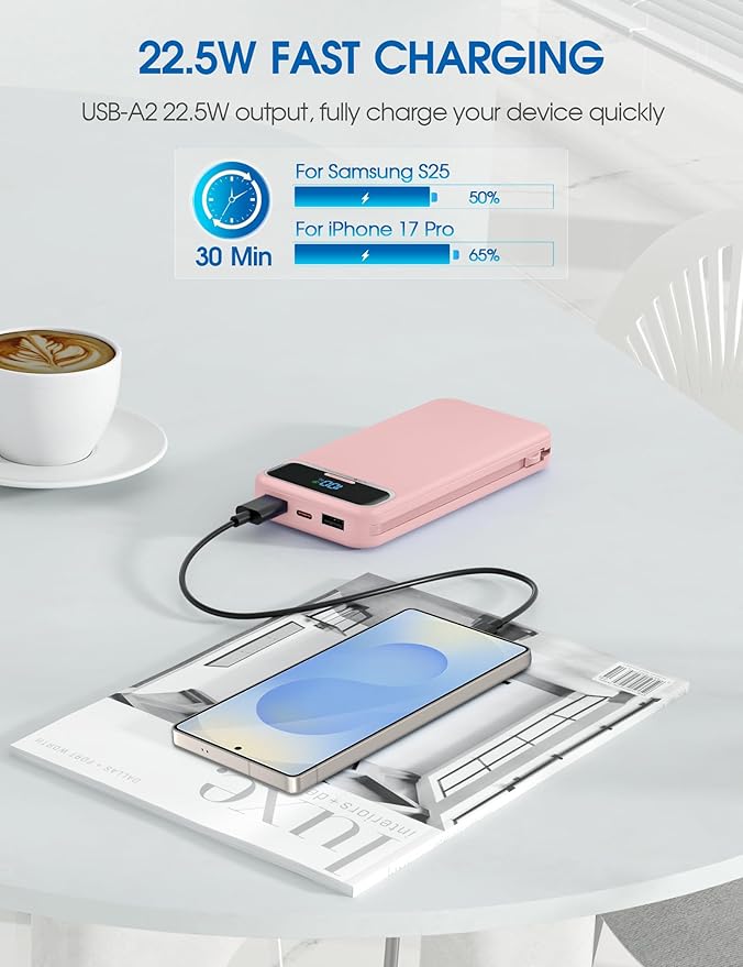 Portable Charger, 12000mAh 22.5W Fast Charging Power Bank with Built-in Cables & Wall Plug, USB C External Battery Pack with LED Display, Travel Essential Charging Bank for iPhone, iPad, Samsung Pink
