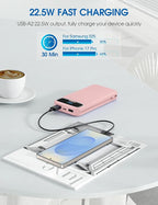 Portable Charger, 12000mAh 22.5W Fast Charging Power Bank with Built-in Cables & Wall Plug, USB C External Battery Pack with LED Display, Travel Essential Charging Bank for iPhone, iPad, Samsung Pink
