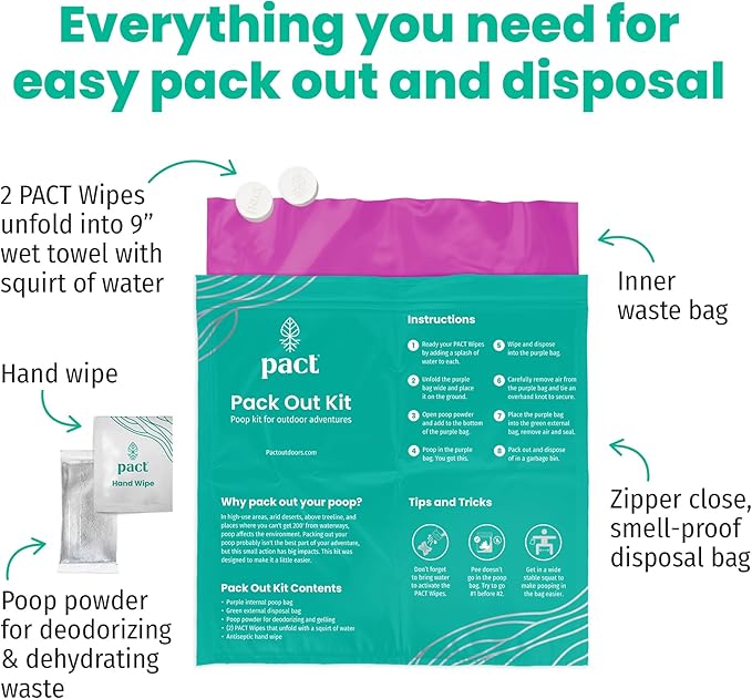 PACT Pack Out Kit - Camping Poop Kit Includes Wet Wipes, Smell Proof Disposal Bags, Hand Wipes, Poop Powder for Odor and Human Waste Bags for Camping and Backpacking