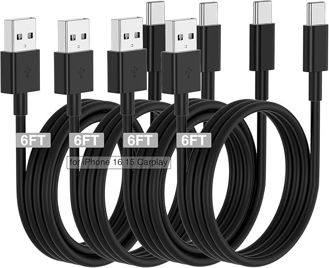 Car Carplay Cable for iPhone 17 16 15 Charger Cord,4 Pack 6FT USB A to USB C Cable for iPhone 17 Pro Max/16 Pro/15 Plus Charger,USB C Car Charger for Apple 17 Air/16 Pro Max/16e/15/iPad Pro-Black