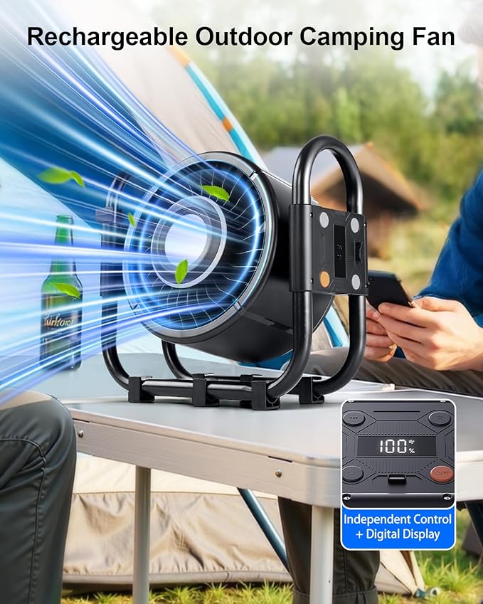 Oscillating Camping Fan Rechargeable - 16000mAh Battery Powered Fan with 6 Winds Night & RGB Ambient Light Digital Display 120° Vertical & horizontal Rotation for Camping Tent Fishing Outdoor