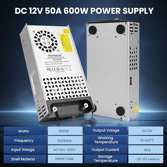 New Version 110V AC to 12V DC Converter Power Supply, AC to DC Converter 12v 50A 600W Switch Power Supply Transformer for RV, Pump, LED Strip, LCD Monitor