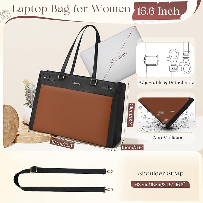 RAINSMORE Laptop Bag for Women 15.6 Inch PU Vegan Leather Work Tote Bag Waterproof Womens Briefcase Designer Computer Bags for Office Teacher College Travel Large Tote Purse Professional Black & Brown