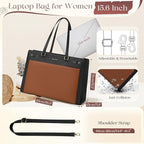 RAINSMORE Laptop Bag for Women 15.6 Inch PU Vegan Leather Work Tote Bag Waterproof Womens Briefcase Designer Computer Bags for Office Teacher College Travel Large Tote Purse Professional Black & Brown