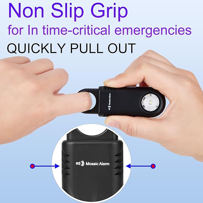 135dB Rechargeable Personal Safety Alarm Built-in Ultra-Bright Flashlight. Non Slip Grip Keychain Emergency SOS Siren for Women, Students, Night Runner. Loud Sound Hiking Bear Alerts with Hook. Black