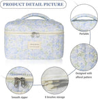Gosect 1pc Large Makeup Bag, Cute Cosmetic Bag for Women Girls, Floral Coquette Aesthetic Toiletry Bag, Travel Make Up Organizer Bag (Green Leaves Blue Flowers)