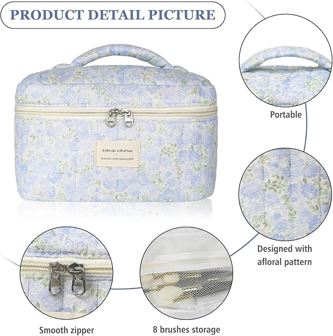Gosect 1pc Large Makeup Bag, Cute Cosmetic Bag for Women Girls, Floral Coquette Aesthetic Toiletry Bag, Travel Make Up Organizer Bag (Green Leaves Blue Flowers)