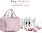 Narwey Striped Hanging Toiletry Bag for Women Travel Makeup Bag Organizer Toiletries Bag for Travel Size Essentials Accessories Cosmetics (Dusty Pink Stripe (Medium))