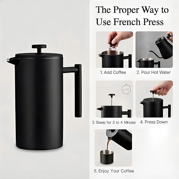 YJX 34oz Coffee Maker, Stainless Steel French Press, 1 Liter Camping Coffee Pot, Tea Maker, 34 Ounce Travel Coffee Presses, Heat Resistant Double Insulated (Black)