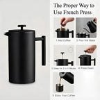YJX 34oz Coffee Maker, Stainless Steel French Press, 1 Liter Camping Coffee Pot, Tea Maker, 34 Ounce Travel Coffee Presses, Heat Resistant Double Insulated (Black)