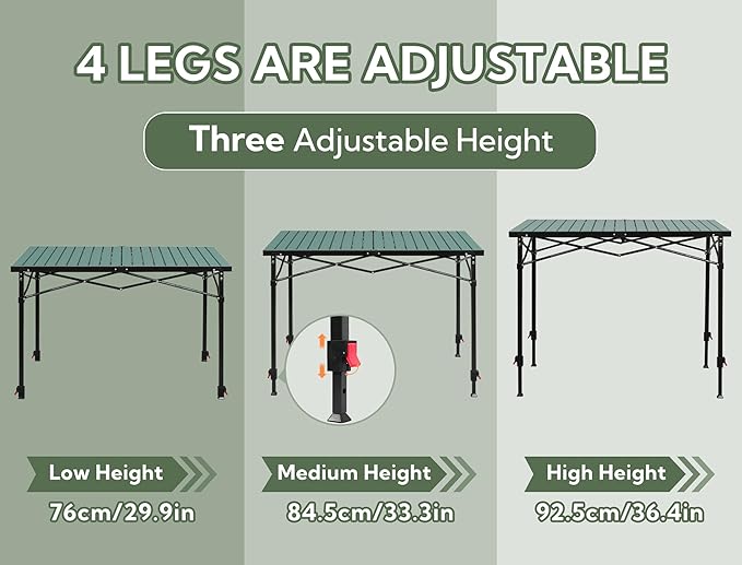 Join Nature Portable Outdoor Adjustable Height Camping Table, Large for 2-6 Person, Foldable Roll-up Aluminum Camp Table with Carry Bag for Picnic, Camp, Sturdy, Stable, Loads 220 Lbs (Green)