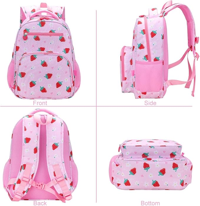 RHCPFOVR Kids Backpack for Girls - Girls Backpack 3-8 Ages Strawberry for Kids 15 Inch School Bookbag for Kindergarten Elementary School Bookbag for Girl 1st 2nd Grade