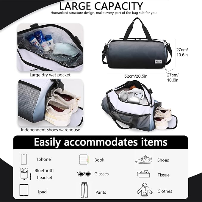 Gym Bags for Men with Side Pocket, 38L Sports Gym Duffle Bag with Wet Pocket&Shoe Compartment, Large Waterproof Sport Duffel Bags for Travel, Sports, Fitness&Workout(Black Gradient)
