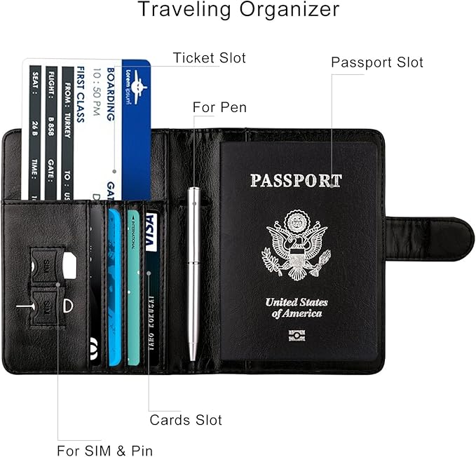 WALNEW Passport Holder for Travel, RFID Passport Cover Wallet for Women Men, PU Leather Passport Book Card Holder Case with Pen (Buckle Closure, Buckle-Black)