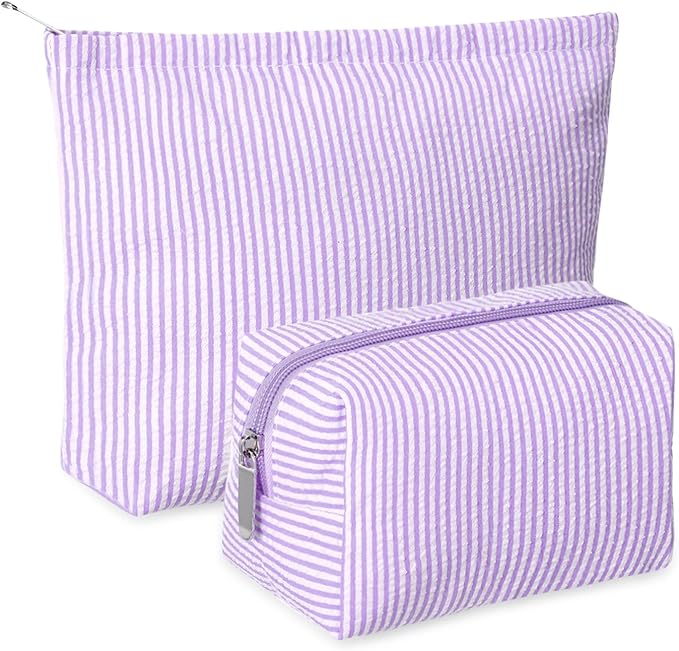 Huhumy 2 Pcs Makeup Bag Set Cute Cosmetic Pouch for Women Seersucker Travel Toiletry Bag Preppy Small Makeup Purse Pouch Aesthetic Skincare Brushes Storage Organizer for Valentine Women(Purple)