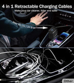 Retractable Car Charger, 4 in 1 Retractable Phone Charger with 66W Fast Charging, 2 Retractable Cables and 2 USB-C USB-A Port Compatible with iPhone 16/15/14/13/12/11,Samsung, Galaxy,Pixel (Black)