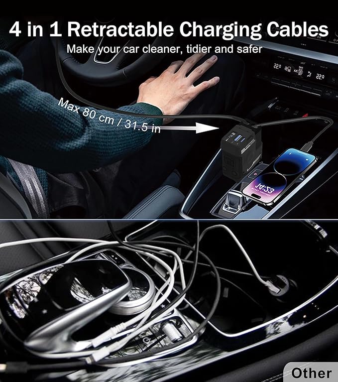 Retractable Car Charger, 4 in 1 Retractable Phone Charger with 66W Fast Charging, 2 Retractable Cables and 2 USB-C USB-A Port Compatible with iPhone 16/15/14/13/12/11,Samsung, Galaxy,Pixel (Black)