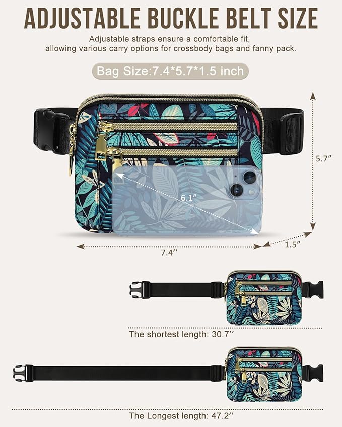 Capolo Fanny Packs for Women Fashion Waist Packs Bag with Adjustable Strap and 4 Zipper Pockets Waterproof Everywhere Crossbody Belt Bag for Workout Running Travelling(Blue Leaves)