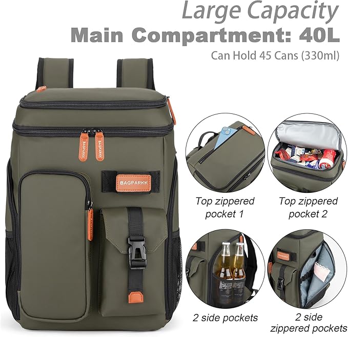 BAGPARKK Insulated Cooler Backpack,33/45 Cans Multifunctional Double Deck Leakproof Cooler Bag with Sternum Strap,Large Capacity Lightweight Travel Camping Beach Backpack