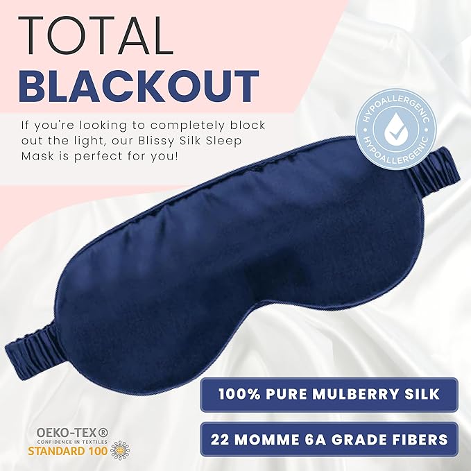Blissy Silk Sleep Mask - Eye Sleeping Mask for Women & Men for Total Blackout - 100% Pure Mulberry Silk, 22 Momme 6a Fibers - Blindfold Sleep Mask Side Sleeper Eye Cover (Blue)