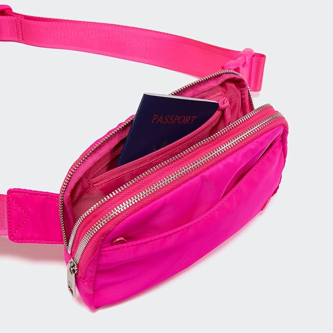 Pander Everywhere Belt Bag for Women, 5 Zipper Pockets Nylon Crossbody Fanny Pack Purse (Sonic Pink).