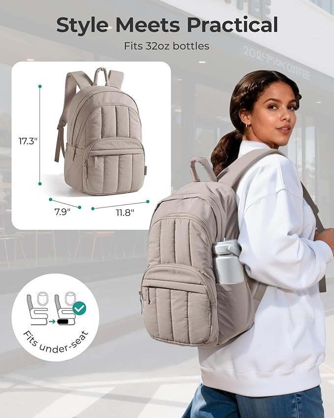 BAGSMART Womens Backpack Travel Laptop Backpack for Women, Quilted College Laptop Bookbag, Work Back Pack for Women, Cute Computer Water-Resistant Casual Daypack, Puffer Black