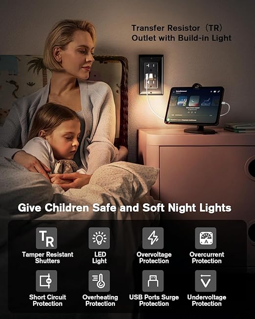 PD USB Outlet with Light,20W Power Delivery USB Receptacle with Night Light, 20A Tamper-Resistant Wall Outlet, Fast Charging Type A & USB-C Charger for Smartphones, Laptops, Tablets (4, Black)