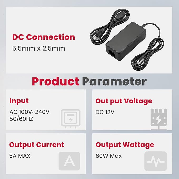 GASLAND DC 12V 5A Power Supply Adapter Converter Transformer AC 100-240V Input with DC 12V Output, for Charging G3 Series with LED Status