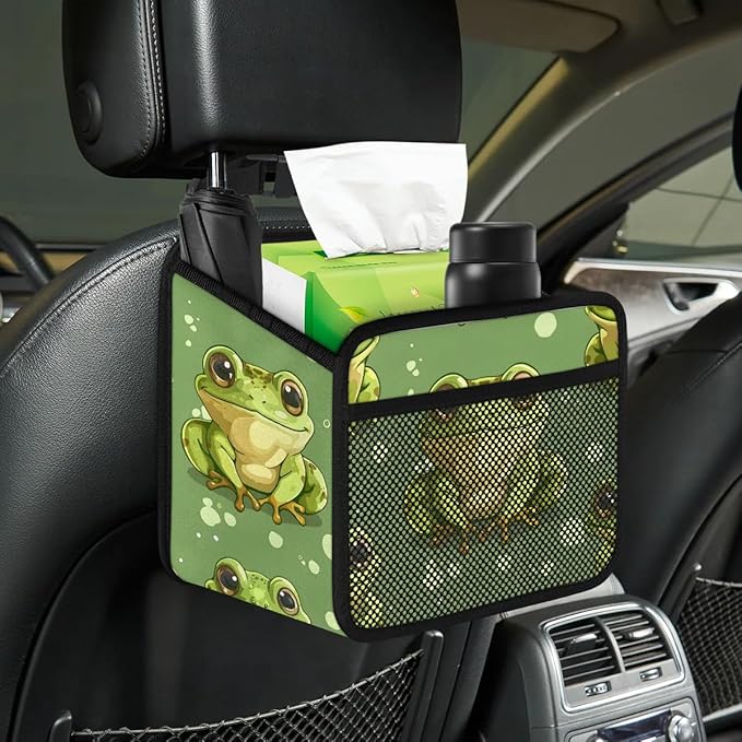 Car Backseat Organizer, PU Leather Back of Seat Cars Hanging Organizer with Pockets Leakproof Car Garbage Bag Hanging Cars Seat Storage Box Travel Accessories Foldable (Green Frog)