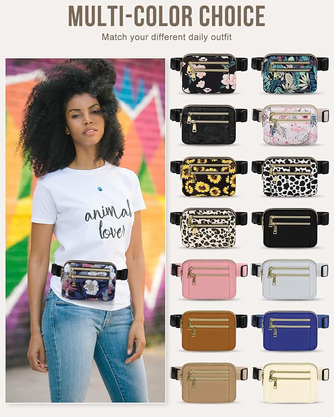 Capolo Fanny Packs for Women Fashion Waist Packs Bag with Adjustable Strap and 4 Zipper Pockets Waterproof Everywhere Crossbody Belt Bag for Workout Running Travelling(Watercolor Print)